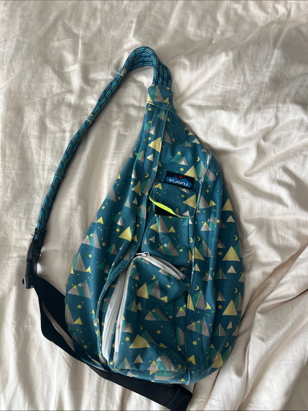 Kavu Teal Triangle Print Sling Pack with Neon Accents